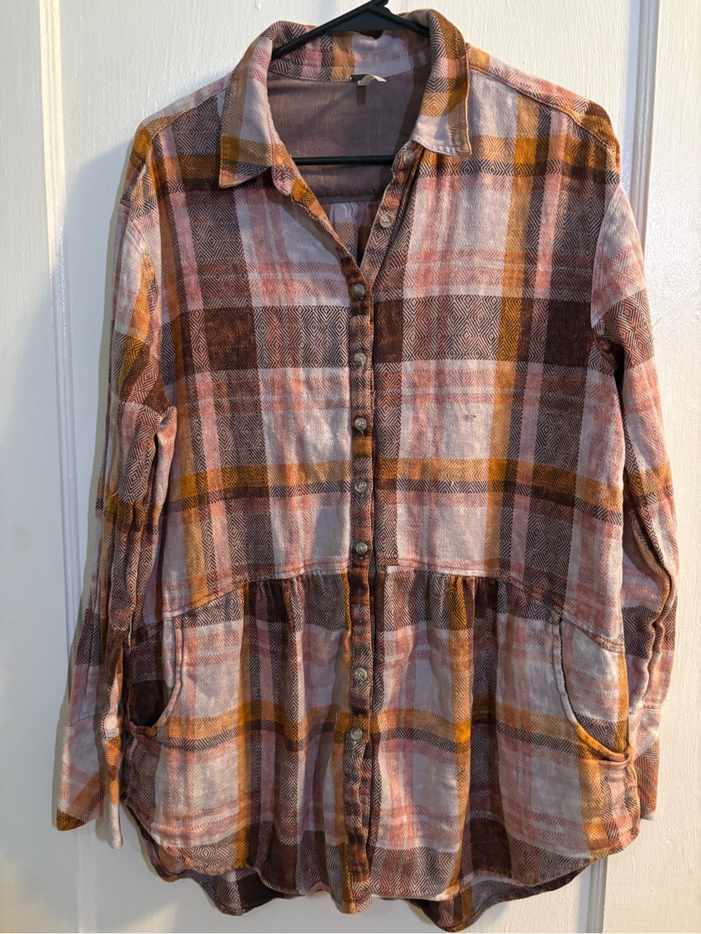 Free People Plaid Button-Front Women’s Shirt - Pink, Brown & Mustard
